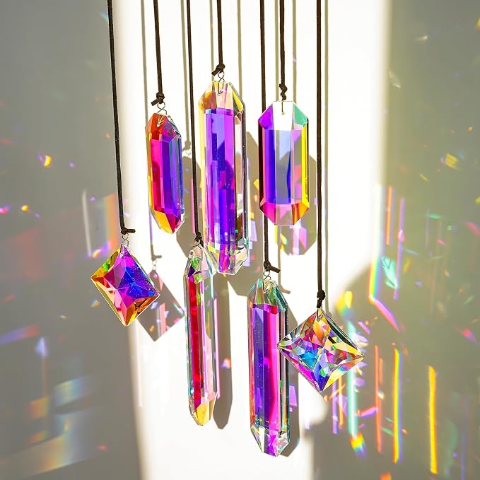 Set 7 Crystal Sun Catcher Prisms AB Colored Suncatcher Crystals for Window | Rainbow Maker Prisms,Indoor Window Suncatchers Hanging,Glass Ornaments for Christmas Tree Home Garden Decor,Gift For Women
