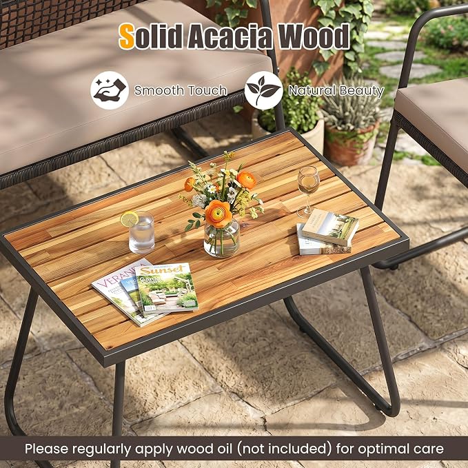Tangkula 8 Pieces Patio Furniture Set, PE Wicker Rattan Conversation Set with Acacia Wood Coffee Table & Zippered Cushions, Outside Seating Set for Backyard, Garden & Deck (Beige, 8 Pcs)