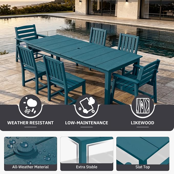 AreShark 7-Piece Outdoor Dining Set,HDPE Patio Table with 6 Chairs,All-Weather Patio Furniture Set with Umbrella Hole,Low Maintenance Wood Grain Dining Set for Backyard,Garden,Poolside,Navy Blue