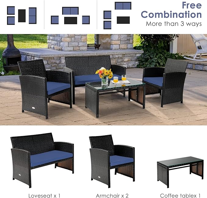 COSTWAY 4 Piece Patio Furniture Set, Outdoor PE Rattan Wicker Sectional Sofa with Cushion and Coffee Table, Patio Conversation Sets for Balcony Lawn Porch Patio Backyard Garden Poolside, Navy