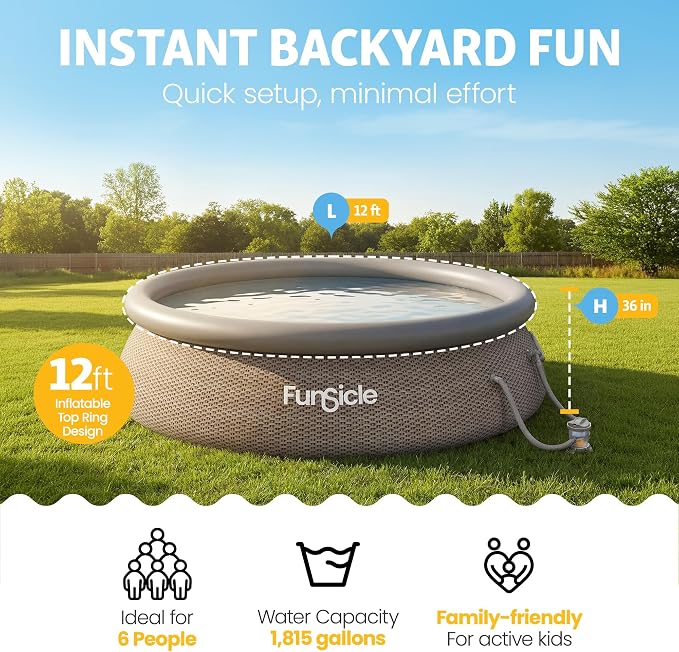 Funsicle Quickset Designer 12' x 36" Round Above Ground Swimming Pool, with FiltraBoost 800 GPH Filter Pump, Type D Filter Cartridge & Repair Patch, Triple Basketweave Print