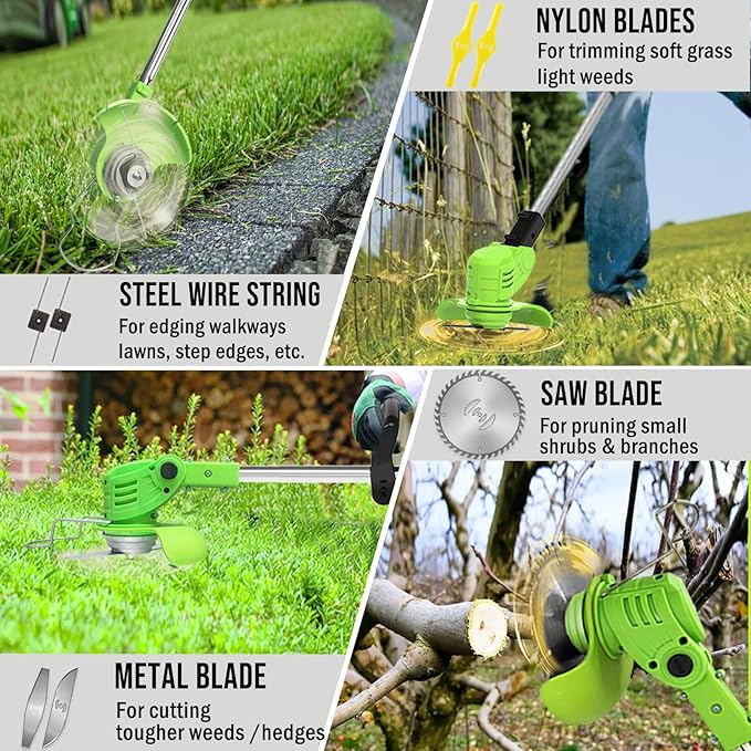 Electric Weed Wacker Cordless, 21V Battery Powered Weed Eater with 2X 2.0Ah Battery Operated and Charger, Lightweight 3 in 1 Weed Trimmer Lawn Edger Brush Cutter, Stringless Weedwacker for Garden Yard