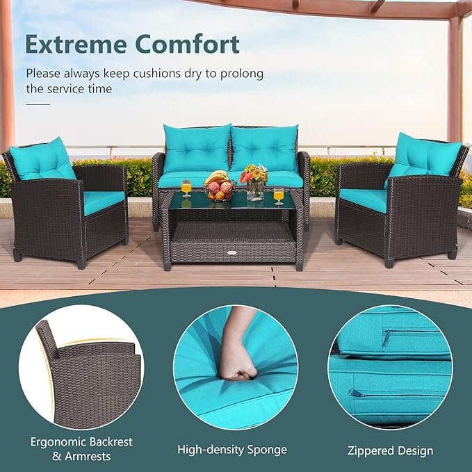 Tangkula 8-Piece Patio Furniture Set, Rattan Wicker Chair Set with 2 Loveseat, 4 Single Sofas, 2 Coffee Table with Tempered Glass Top, Outdoor Furniture Sets for Backyard, Porch, Garden and Poolside