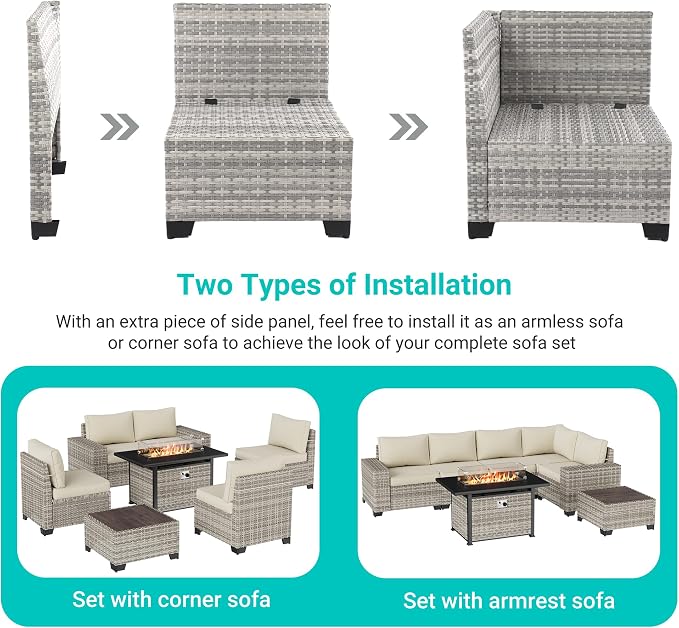 7-Piece Outdoor Patio Furniture Set with 55,000 BTU Fire Pit Table, PE Wicker Rattan Sectional Sofa Patio Conversation Set with Thickened Cushions & Coffee Table, Ivory