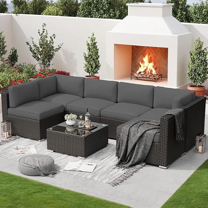 SOLAURA 7 Pieces Outdoor Patio Furniture Set, Black Brown Rattan Outdoor Patio Sectional Conversation Set, Modular Sofa Set with Coffee Table, Grey (Include Sofa Cover)
