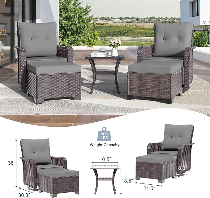Kullavik 5 Pieces Outdoor Swivel Chairs Set,Patio Wicker Rocker Chairs with 4" Thick Cushions,Side Table and Ottomans,Patio Conversation Furniture Set for Patio Porch Deck Backyard,Grey