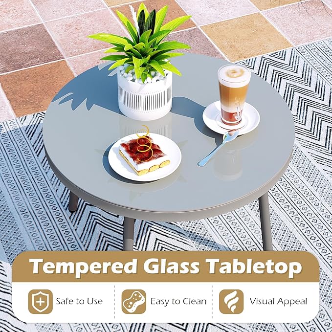 Tangkula 3 Pieces Patio Furniture Set, Outdoor Rattan Wicker Bistro Conversation Set with Cushioned Papasan Chairs and Tempered Glass Coffee Table for Porch, Balcony, Deck and Garden