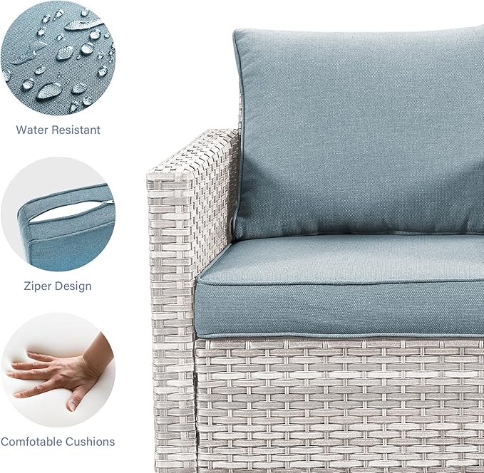 Rilyson Wicker Outdoor Patio Furniture Set - 6 Piece Patio Conversation Set with 2 Armrest Chairs,2 Rattan Ottoman,1 Couch and 1 Metal Side Table for Outside Porch Deck Backyard(Light Grey/Sky Blue)