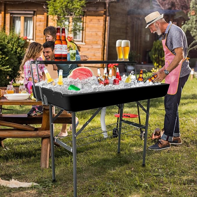 2 Tiers Portable Folding ice Cooler Table with Storage Rack & Drain Hose, Perfect Picnic Table for Camping, Beach, Backyard Parties, Weddings, Events, Black