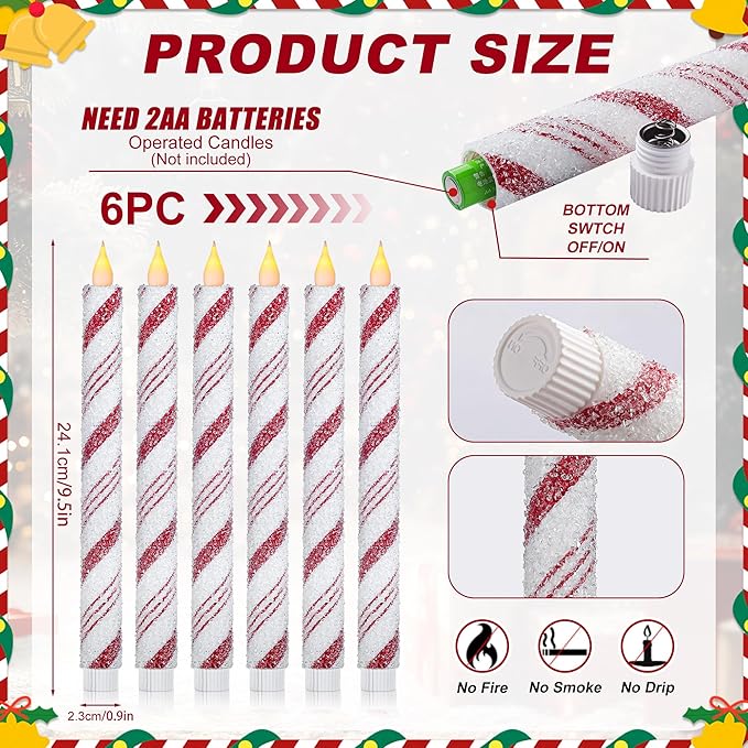 6PCS Christmas Candy Cane Flameless Taper Candles, Candy Cane Candlesticks Red and White Stripes Sea Salt Real Wax Flickering LED Battery Operated Candles for Xmas Centerpiece Decor Home Decoration