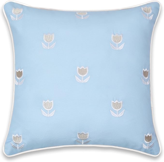 Hofdeco Premium Coastal Patio Indoor Outdoor Throw Pillow Cover Only, 20"x20" Water Repellent for Backyard, Couch, Baby Blue Tan Embroidered Tulips Floral with Piping
