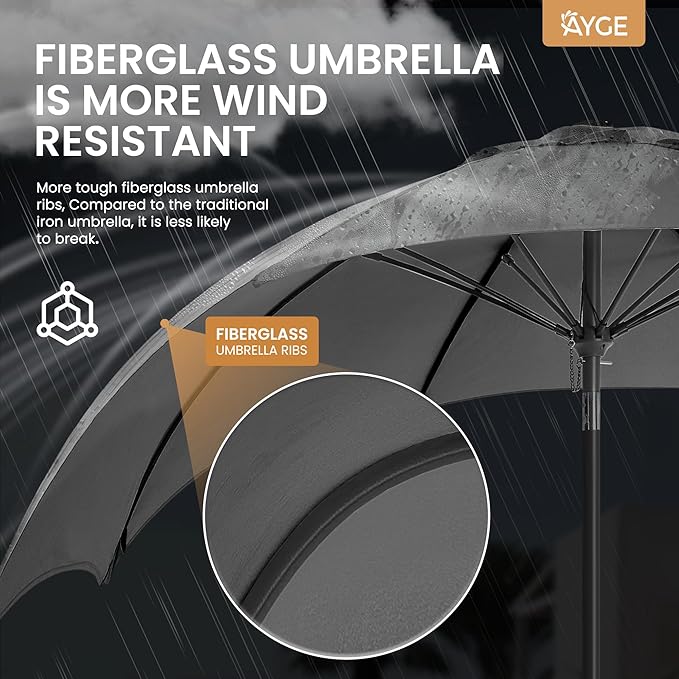 Ayge 7.5FT Large Outdoor Patio Umbrella Market Table Umbrella-UV Resistant, Easy Push Button Tilt and Crank, 6 Sturdy Fiberglass Ribs Heavy-Duty Pool Umbrella for Deck, Backyard,Garden, Yard,Grey