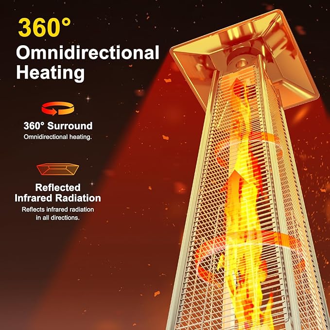 GarveeLife 42,000 BTU Pyramid Patio Heater, Glass Tube Propane Patio Heater with Wheels, Stainless Steel Outdoor Propane Heaters for Backyard, Garden, Patio, Porch and Pool