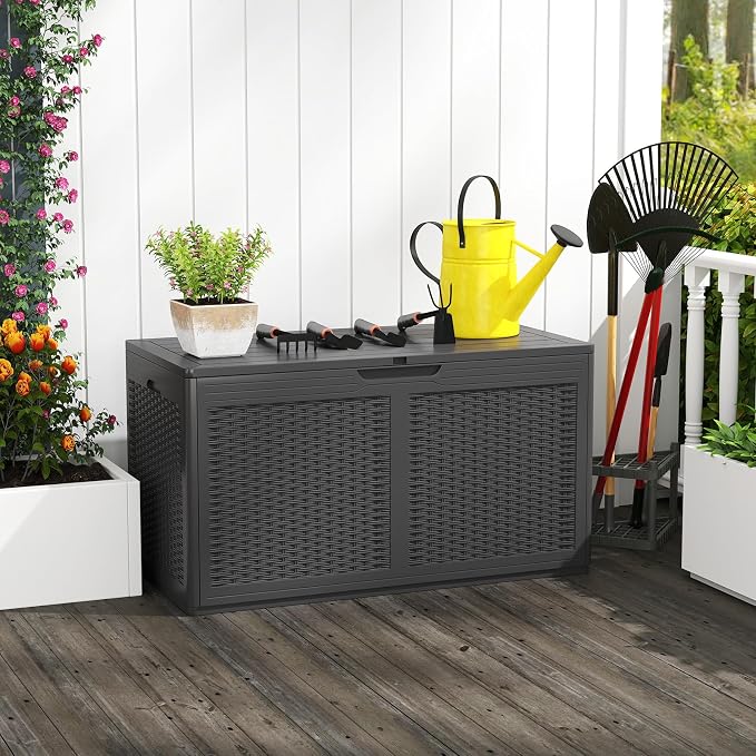 Tangkula 100 Gallon Outdoor Storage Box, Lockable Outdoor Storage Bench with 2 Smooth Wheels, Faux Rattan Surface, Waterproof Resin Deck Box for Outside Poolside Patio Garden (Grey)