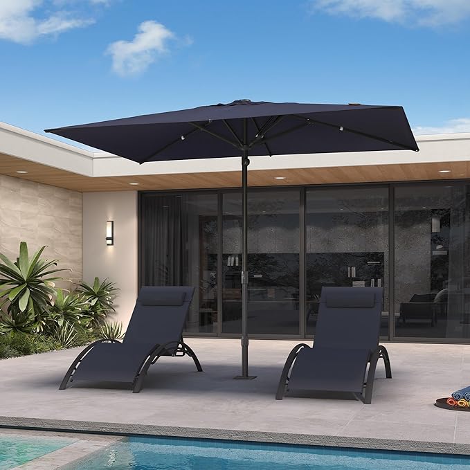PURPLE LEAF 10' x 6.5' Rectangular Semi-Auto Outdoor Patio Umbrella Aluminium Market Umbrella Table Sun Umbrella with 1.89" Rod and 6 Sturdy Ribs for Deck Lawn Pool Garden, Navy Blue