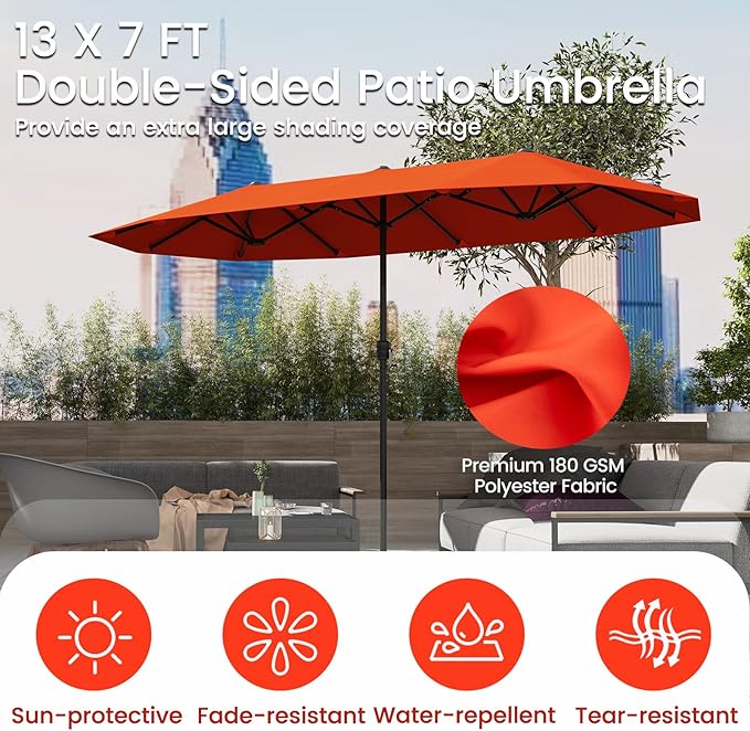 Tangkula 13 FT Large Patio Umbrella, Outdoor Double-Sided Table Market Umbrella w/Crank Handle, 12 Heavy-Duty Ribs, Sun-Protective Rectangular Twin Parasol for Garden Deck Lawn Poolside (Orange)