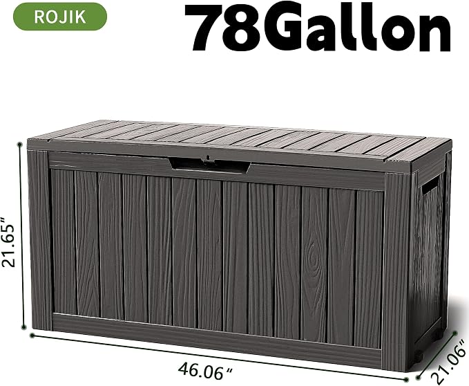 ROJIK Outdoor Storage Housing Deck Box - Waterproof Patio Furniture, Garden Tools, Cushions, Pool Accessories Storage Bench with Lockable Lid and Side Handles (Black 78 Gal)
