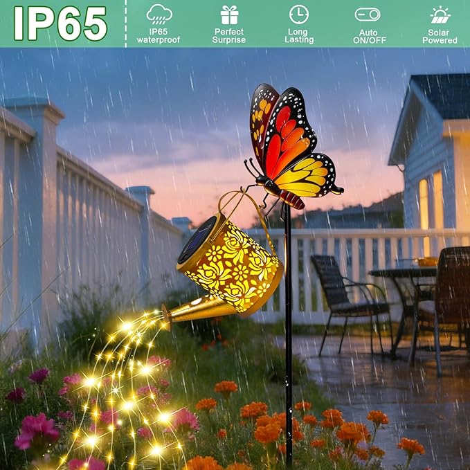 Solar Lights Outdoor Decorative, Watering Can with Cascading LED Lights on Butterfly Shepherd's Hook, Solar Garden Stake Decor for Patio Yard Pathway, Gift for Women Mom