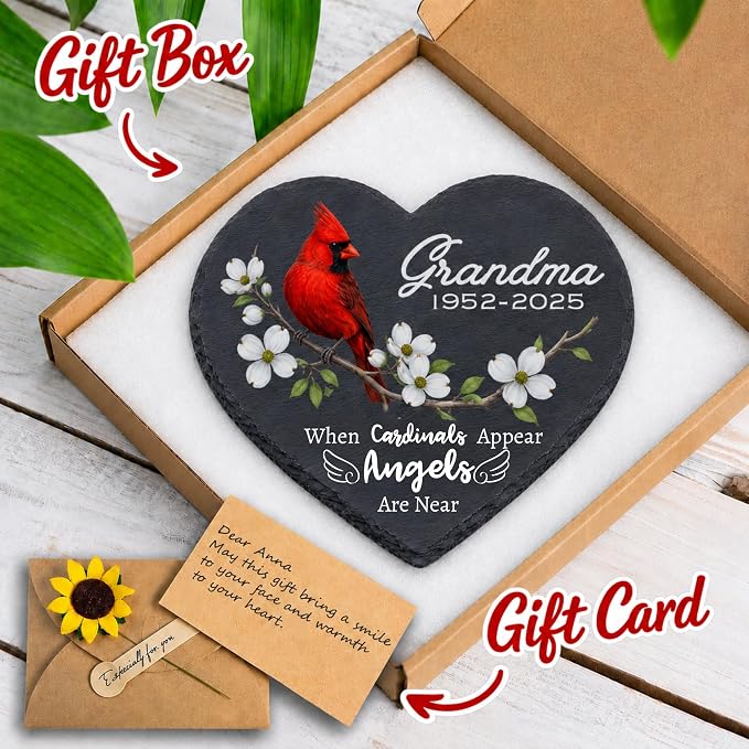 Memorial Garden Stones for Loved Ones, Red Cardinal Garden Stones in Memory of Dad Mom, Bereavement Sympathy Gift for Loss, Weatherproof Outdoor Memorial Plaque Stone, Remembrance Natural Stone