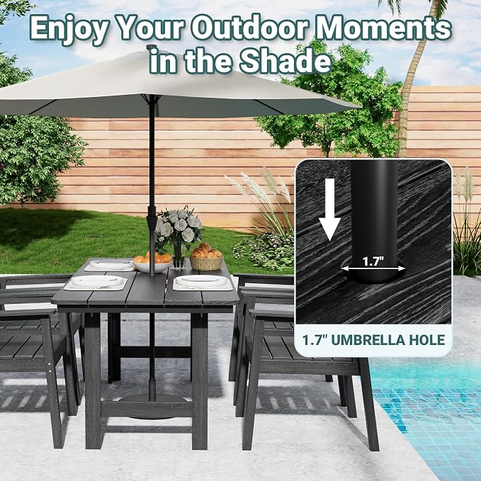 Pamapic 5-Piece Outdoor Dining Set, HDPE Outdoor Rectangular Table and 4 Chairs, Wood Grain Patio Furniture Sets with Armrest, All-Weather Patio Dining Table with Umbrella Hole, Black
