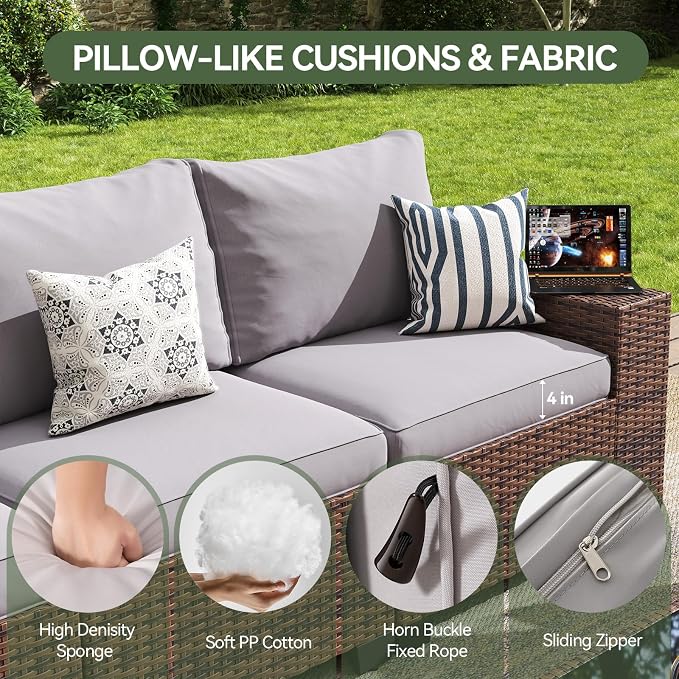 Aoxun Patio Fruniture Sets, Wicker Outdoor Patio Furniture Set with 4 in Thick Cushions and Widen Armrests, All-Weather Outdoor Sectional for Backyard, Garden and Poolside (Waterproof Cover Included)