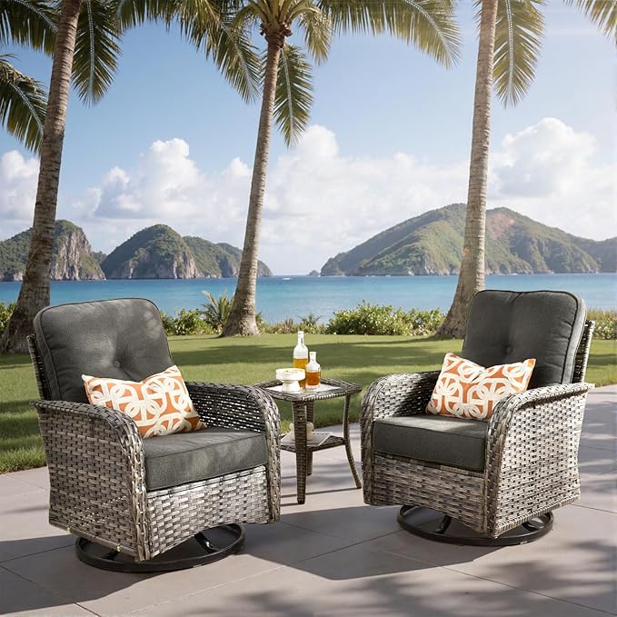 3-Piece Outdoor Patio Furniture Set with Swivel Chairs, Outdoor Conversation Wicker Sofa with Coffee Table, Rattan Couch for Deck Yard Poolside, Black