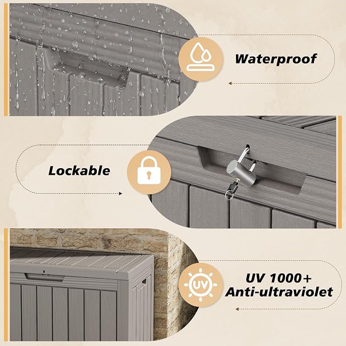 Fancyango 45 Gallon Outdoor Deck Box Waterproof, Storage Box for Patio, Resin Storage Bench Lockable for Garden Tools, Package Delivery, Grey