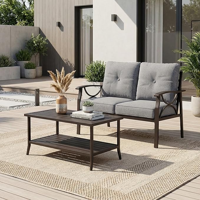 RoyalCraft Outdoor Patio Furniture Set, 2 Piece Patio Conversation Set, Metal Furniture Set with Loveseat for Porch Backyard,Khaki Metal Furniture with Gray Cushions