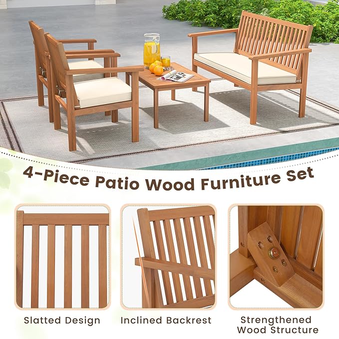 Tangkula 4 Piece Patio Wood Furniture Set, Acacia Wood Sofa Set w/Loveseat, 2 Chairs & Coffee Table, Soft Seat Cushions, Outdoor Wood Furniture Set for Porch, Yard, Balcony (Off White), OneSize