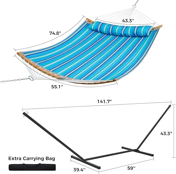 SUPERJARE Hammock with Stand, 2 Person Heavy Duty Hammock with Padded Cotton, Detachable Pillow & Strong Curved-Bar & Portable Carrying Bag, Perfect for Outdoor & Indoor, Aqua Blue