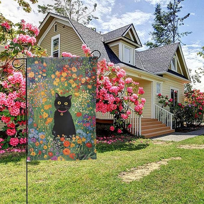 Cat With Flower Garden Flag 12x18 Inch Double Sided All-Weather Polyester Outdoor Flag For Patio Lawn Yard And Garden Welcome Decor