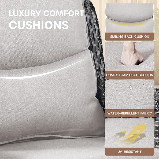 Patio Swivel Chairs with Smile-Shaped Cushions, 3 Piece High Back Patio Swivel Glider Chairs with Side Table 3PCS PE Rattan Luxury Swivel Patio Chairs Set Grey Wicker | Beige Cushions