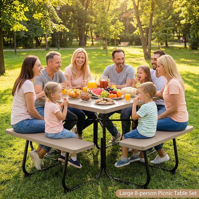 Giantex Picnic Table Bench Set for 8 Persons, Square Outdoor Table and Bench with Umbrella Hole, HDPE Top & Metal Frame, 2000LBS Capacity, Patio Table Set for Deck Yard Garden, Coral Reef