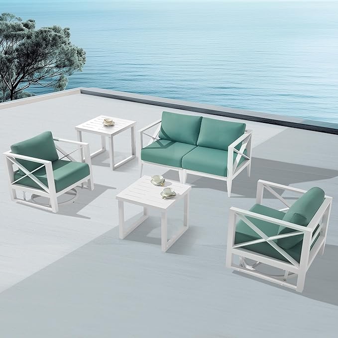 MBY Patio Furniture Set with Swivel Rocking Chairs & Coffee Table – 4-Seat Aluminum Outdoor Conversation Set, Weather-Resistant for Balcony, Poolside, Garden – White