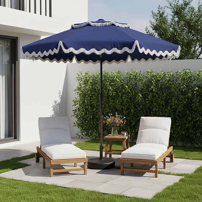 9FT Patio Umbrella with Fringe,Tassel Umbrella with Push-Button Tilt | UPF 50+ & Rust-Resistant Fiberglass Frame for Patio, Pool,Garden,Yard(Navy)