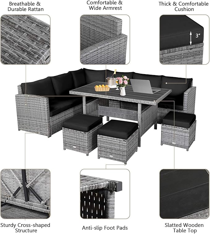 HAPPYGRILL 7 Pieces Rattan Wicker Patio Conversation Set, Outdoor Patio Furniture Set with Cushions, Rattan Sofa Set with Dining Table & Ottomans for Poolside Backyard Balcony Garden (Black)