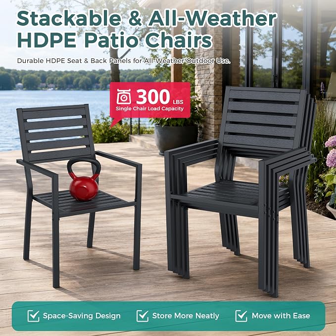 Pamapic 7-Piece HDPE Outdoor Dining Set, All-Weather Patio Furniture Set with Powder-Coated Iron Frame, Outdoor Table & 6 Stackable Chairs for Garden, Backyard, Poolside, Deck