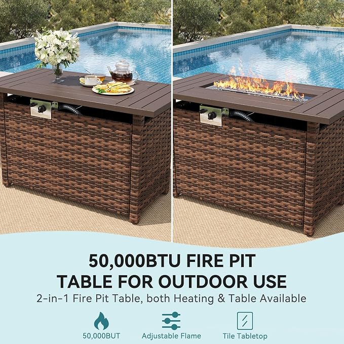 LazySunsets 9 Piece Outdoor Patio Furniture Set with 44'' Fire Pit Table, Wicker Rattan Outdoor Furniture with High Back Swivel Rocker Chairs, Outdoor Sofa Set with Thick Cushions & Ottoman, Navy Blue