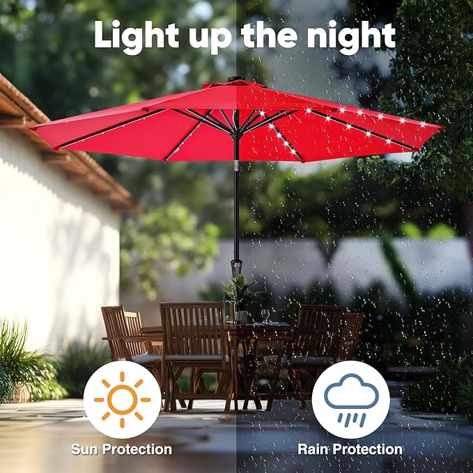 DUMOS LED Outdoor Patio Umbrella 10 FT UV-Resistant Market Umbrella with Tilt Adjustment & Crank Lift, All-Weather Shade for Backyard, Deck, Garden, Beach