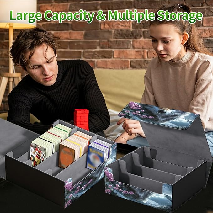 Large Card Deck Box for MTG, Fits 1200+ Sleeved Cards, PU Leather Storage Case with Strong Magnetic Closure, Multiple Colors for TCG CCG Baseball Card Collections, Cherry Blossom Gray Wolf