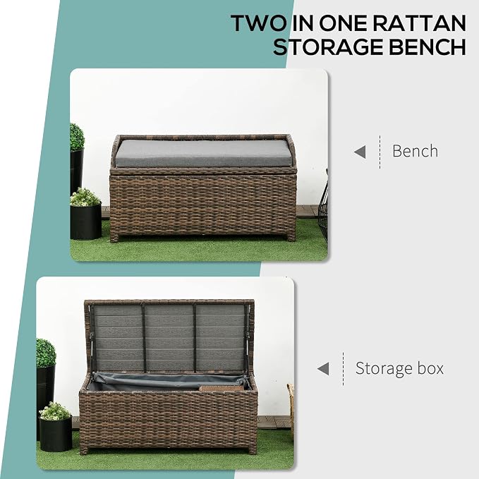 Outdoor Wicker Storage Bench Deck Box, PE Rattan Patio Furniture Pool Container Storage Bin with Interior Waterproof Bag and Comfortable Cushion, Gray