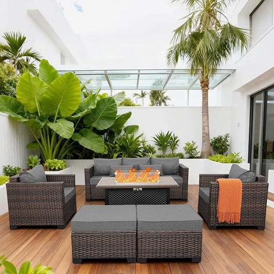 6 Pieces Outdoor Furniture 60000BTU Outdoor Propane Fire Pit Wicker Patio Furniture Set 45" Steel Fire Table Anti-Slip Cushions Waterproof Covers, Dark Grey