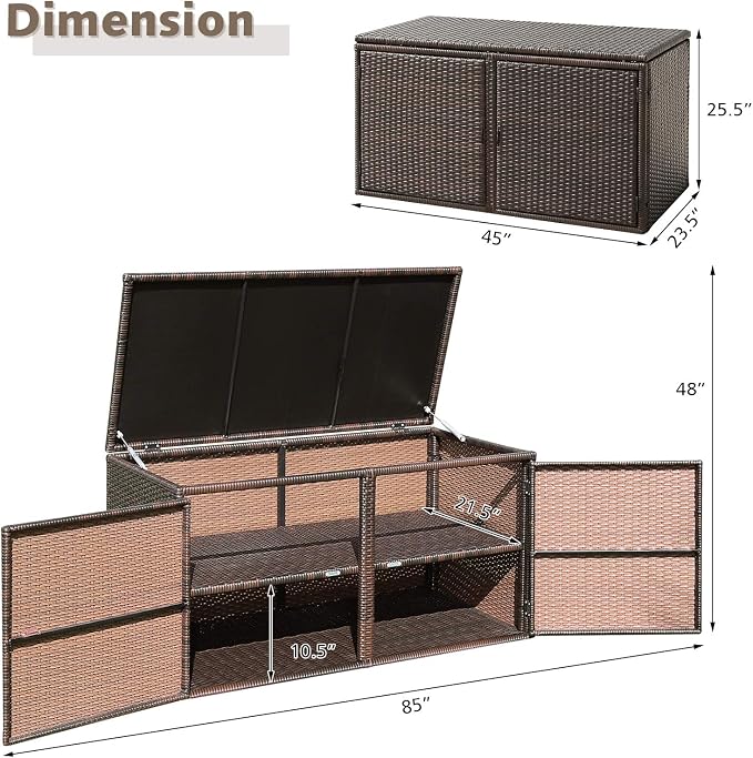 RELAX4LIFE PE Wicker Storage Box - Outdoor 88 Gallon 2-Tier Deck Box for Patio Furniture Toys Storage w/Lid & Front Doors, All Weather Rattan Storage Bin for Backyard Garden Poolside Porch (Brown)