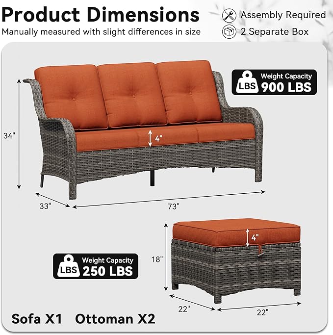3-Piece Outdoor Couch Set, Include Wicker Patio Sofa with Thickened Olefin Cushions, High Back and Deep Seating, Hand-Woven PE Rattan and 2 Ottomans, Patio Conversation Set for Porch, Deck