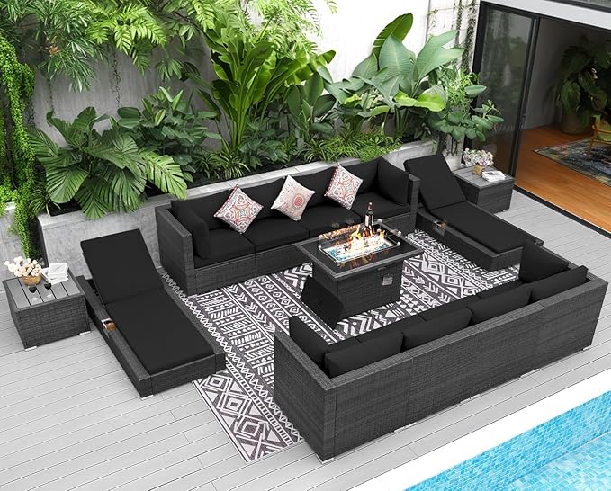 NICESOUL 13 Piece Outdoor Seating with Fire Pit Table, High-End Wicker Patio Furniture Set with Chaise Lounge, Comfy 29.3'' High Back Deep Sectional Sofa, All-Weather Backyard Sitting, Grey & Black