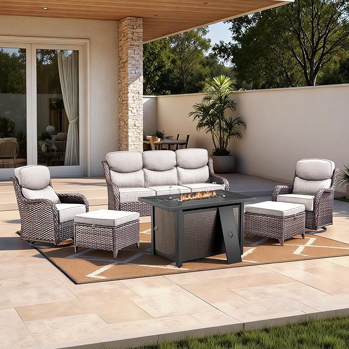 HUMMUH 6 Pieces Patio Furniture Set with Fire Pit High Back Outdoor Furniture Set 6-inch Cushions Wicker Patio Swivel Rocker Chairs for Balcony Garden,Lawn,Deck