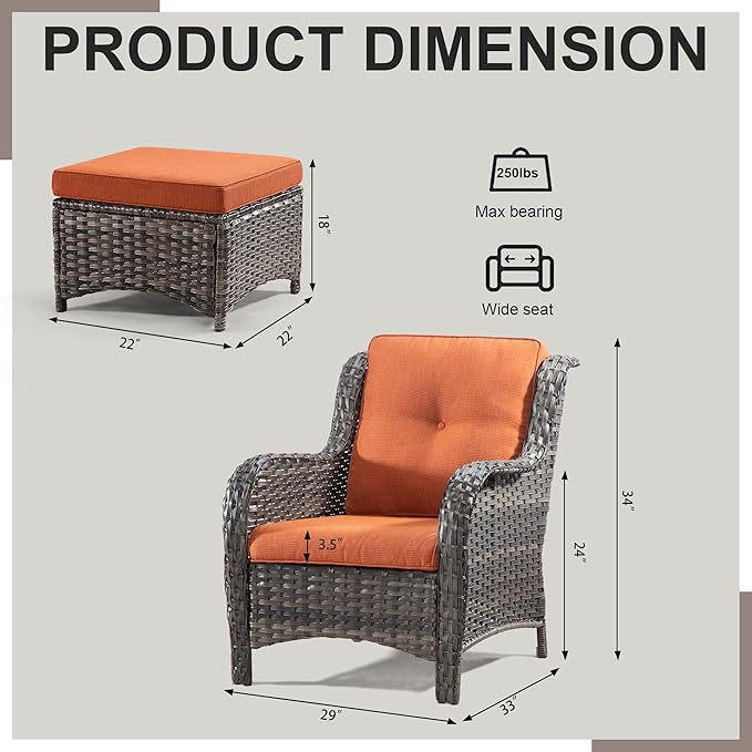 Wicker Chair Set 6 Pieces - Outdoor Wicker Patio Furniture Set with 4 Armchairs and 2 Ottomans, Olefin Cushions Included(Mixed Grey/Orange)