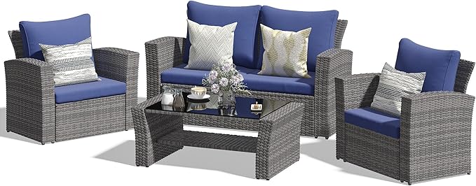 4-Piece Outdoor Patio Furniture Set, All Weather Wicker Rattan Sectional Sofa Conversation Seating Set with Cushions & Large Glass Coffee Table, Ideal for Garden Backyard Porch, Blue