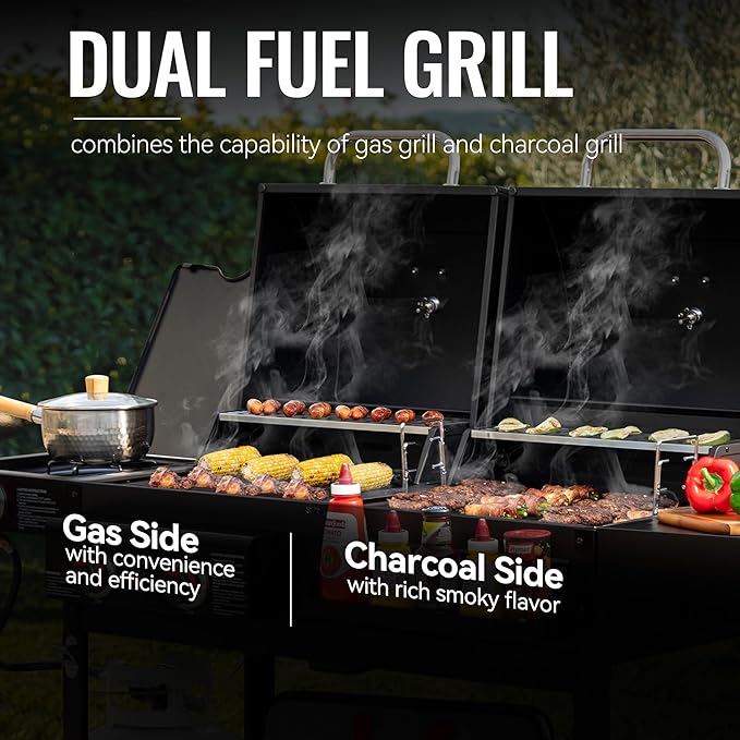 ZH3005 2-Burner Gas and Charcoal Combo Grill with Side Burner, 34,000 BTU Dual Fuel Grill, 823 Sq. In. Cooking Area, for Outdoor Patio Garden Picnic Backyard Cooking, Black