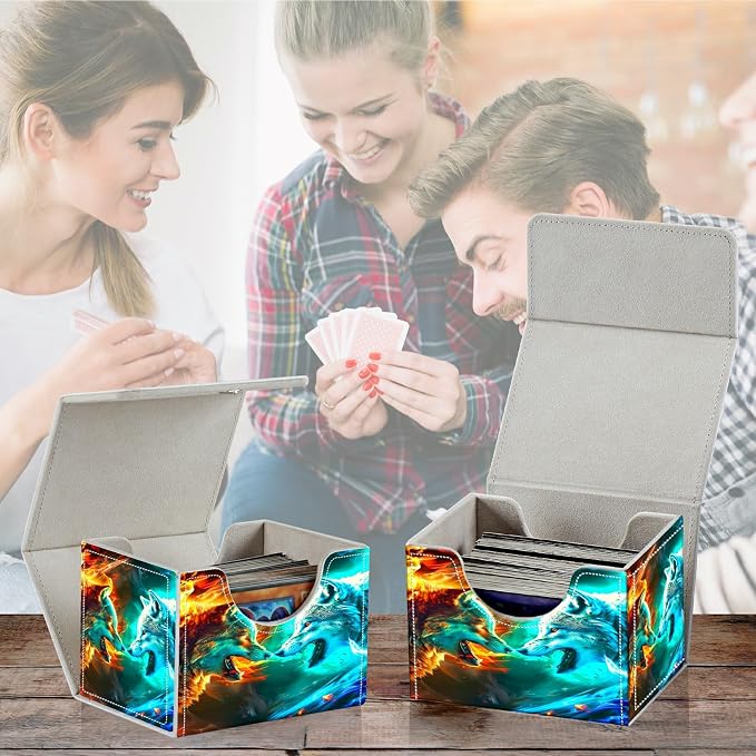 Card Deck Box for MTG, Cards Storage Box Fits 120+ Sleeved, Leather Small Size Strong Magnetic Closing Card Case for Board Games Magic TCG CCG Baseball Collection, Two Flaming Wolves